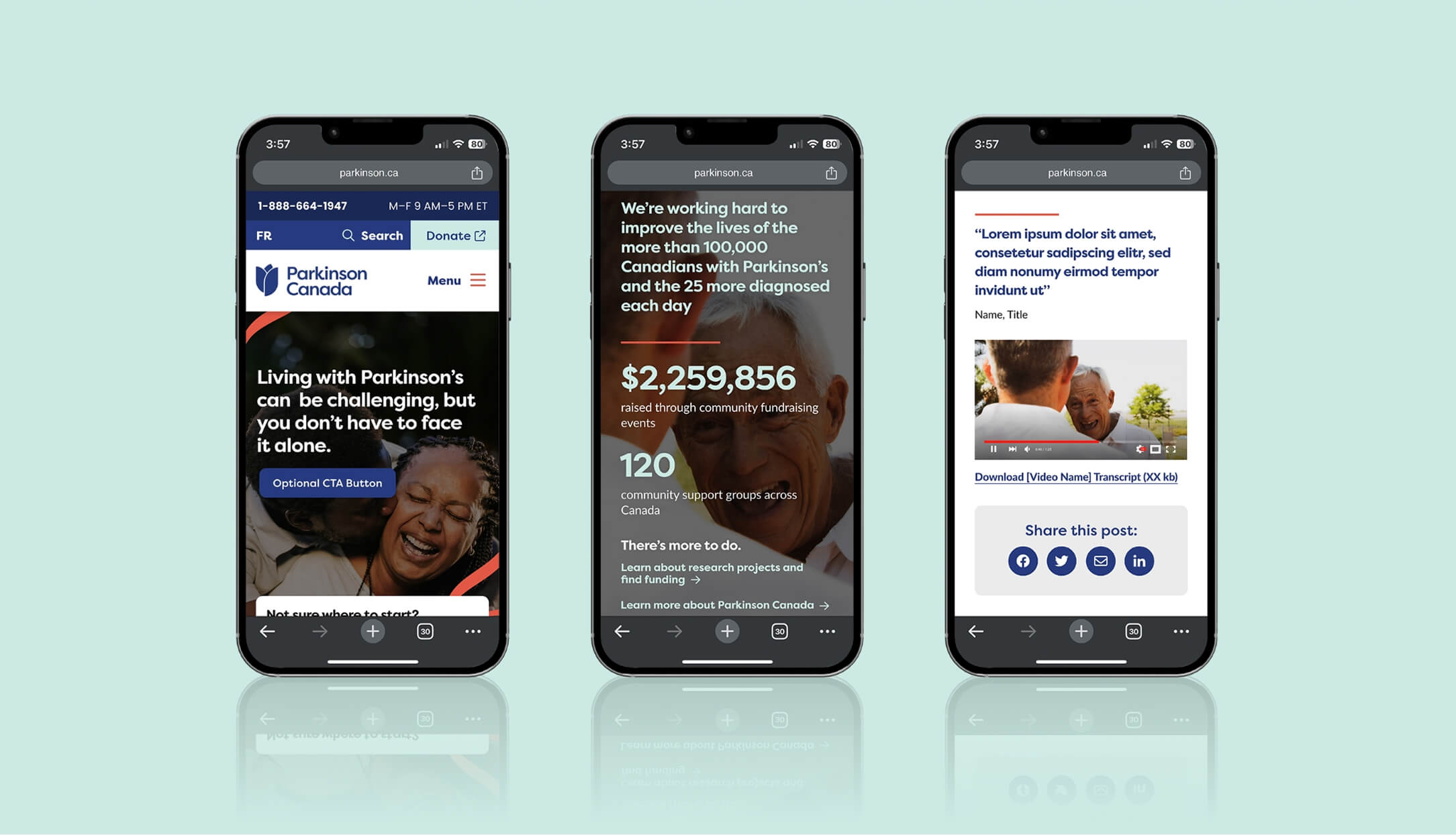Mobile mockups of three screens