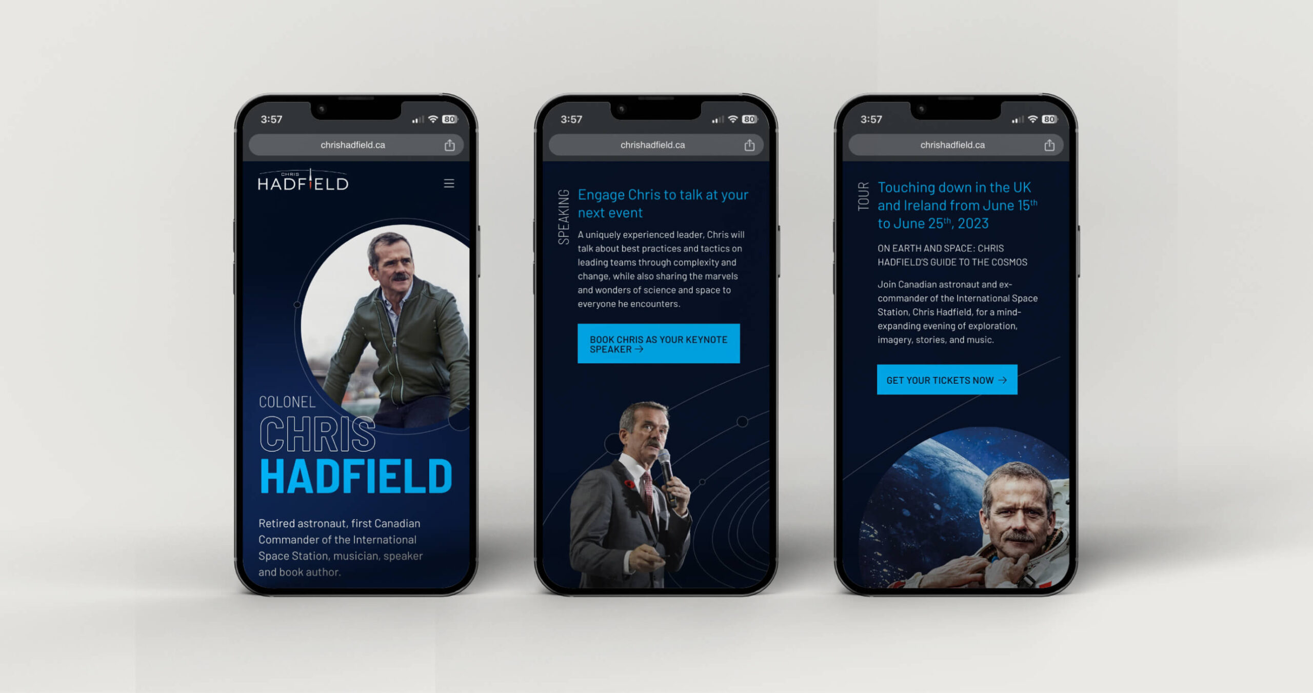 Mobile mockups of 3 sections of the Chris Hadfield website design