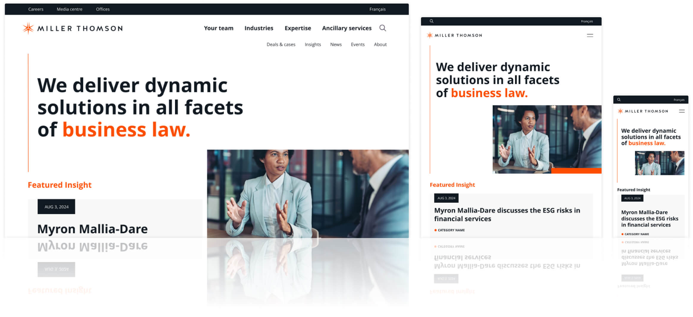 Desktop, tablet, and mobile screens of homepage top 3rd of Miller Thomson design