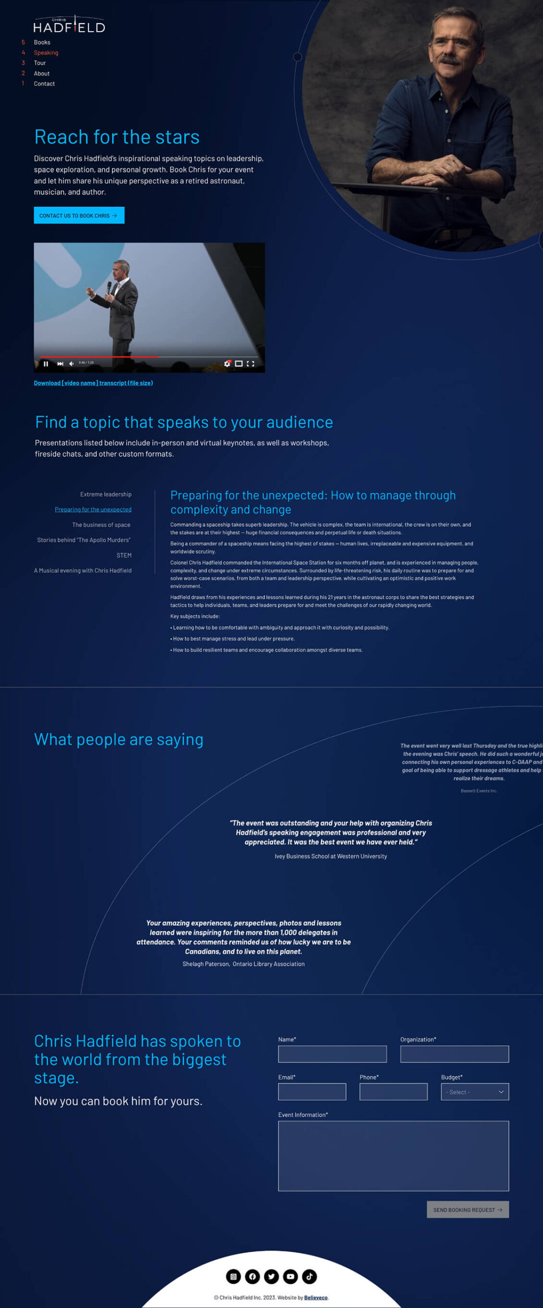 Full speaking page from Chris Hadfield website